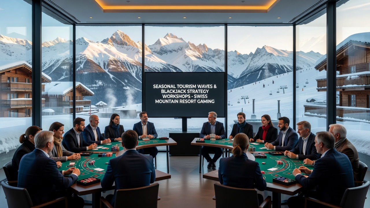 Blackjack strategy workshop session at a Swiss alpine gaming venue with participants reviewing card charts